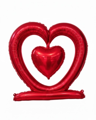 Ayaklı Kalp İçinde Kalp Folyo Balon - Kırmızı Romantik Parti ve Sürpriz Dekoru