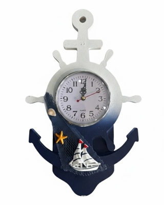 Dekoratif Ahşap Gemi Dümeni ve Çapa Figürlü Duvar Saati - Marin Temalı Hediyelik