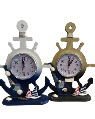 Dekoratif Çapa ve Dümen Tasarımlı Masa Saati - Denizci Temalı Hediyelik Biblo Saat