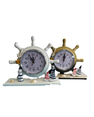 Dekoratif Denizci Dümeni Masa Saati - Yelkenli ve Deniz Feneri Figürlü