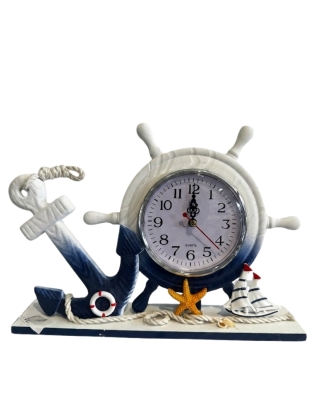 Denizci Temalı Çapa ve Dümen Tasarımlı Dekoratif Masa Saati - Marin Stil Hediyelik Obje