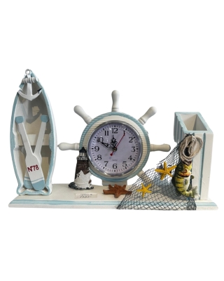 Denizci Temalı Gemi Dümeni Masa Saati ve Kalemlik - Dekoratif Hediyelik