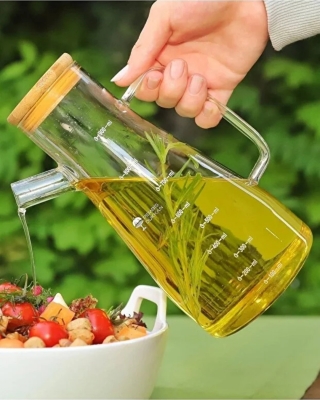 Isıya Dayanıklı Borosilikat Cam Yağlık & Sirkelik – Bambu Kapaklı Cam Şişe