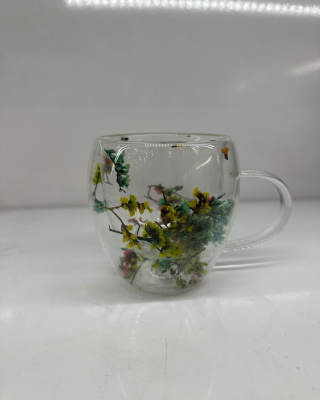 Kurutulmuş Gerçek Çiçekli Çift Cidarlı Cam Kupa