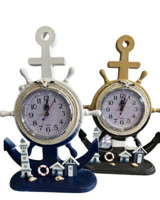 Marin Temalı Dekoratif Masa Saati - Çapa ve Dümen Tasarımlı (2'li Renk Seçeneği)