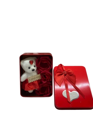 Metal Hediyelik Kutu Seti – Sevimli Ayıcık ve Dekoratif Güller