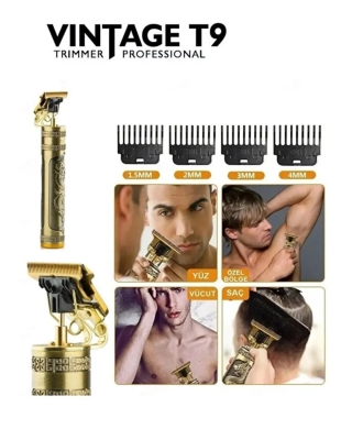 Vintage T9 Profesyonel Şarjlı Saç ve Sakal Kesme Makinesi – Metal Gövdeli Trimmer, 0 mm Kesim, 4 Başlıklı Erkek Tıraş Makinesi